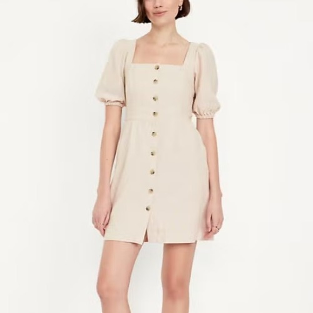 Old Navy Womens Linen Blend Puff Sleeve Button Front Mini Dress Beige Large NWT